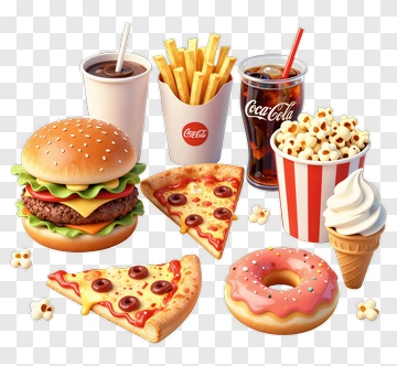 Fast Food Meal With Burger, Pizza, And Drinks PNG