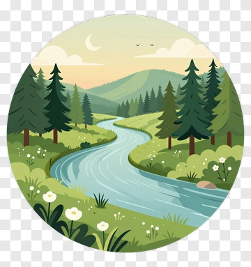 Scenic River Flowing Through A Lush Green Landscape PNG