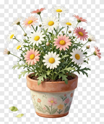 Colorful Flower Pot With Daisies PNG