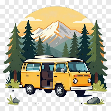 Yellow Camper Van In A Mountain Landscape PNG