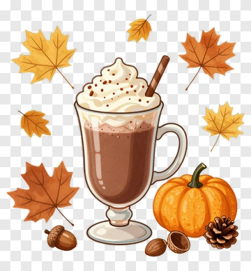 Pumpkin Spice Latte With Autumn Leaves PNG
