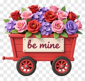 Flower Cart With Be Mine Sign PNG
