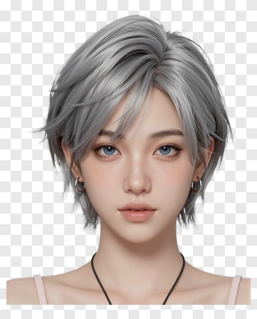Realistic Portrait Of A Woman With Short Silver Hair PNG