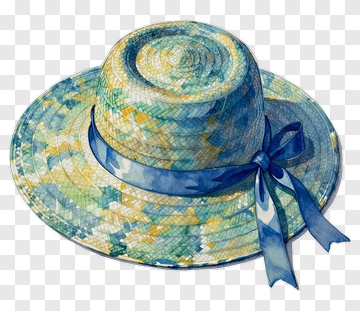 Watercolor Sun Hat With Blue Ribbon PNG
