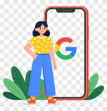 Cartoon Girl Standing Beside A Smartphone With Google Logo PNG