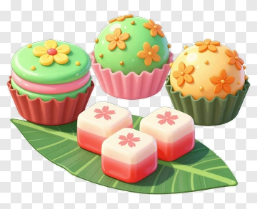 Colorful Cupcakes And Jelly Desserts On A Leaf PNG