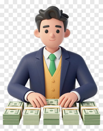 3D Businessman Sitting Behind Stacks Of Money PNG