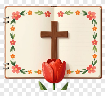 Open Book With Cross And Tulip Flowers PNG