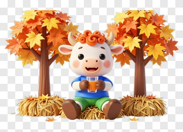 Cartoon Cow Sitting Among Autumn Trees PNG