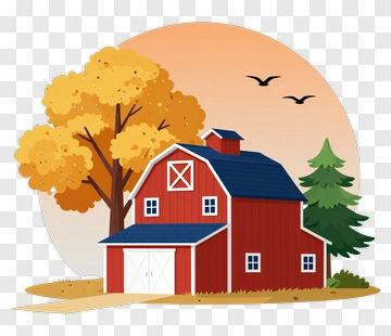 Colorful Farm Barn With Trees And Birds PNG