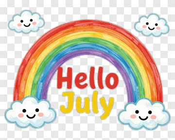 Rainbow With Clouds And Hello July Text PNG