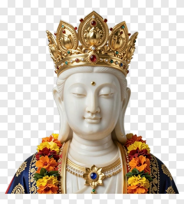 Statue Of A Serene Figure With A Crown And Floral Decorations PNG