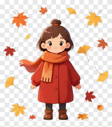 Cartoon Girl In Red Coat Surrounded By Autumn Leaves PNG
