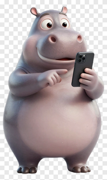 Cartoon Hippo Using A Smartphone PNG