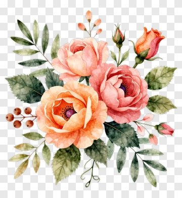 Watercolor Flower Bouquet With Roses And Green Leaves PNG