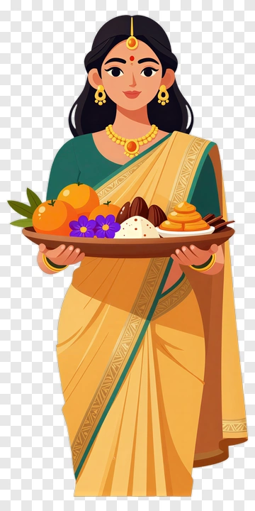 Woman Holding A Tray Of Traditional Indian Sweets And Fruits PNG