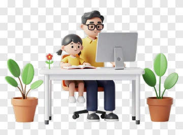 3D Father And Daughter Studying At A Desk PNG