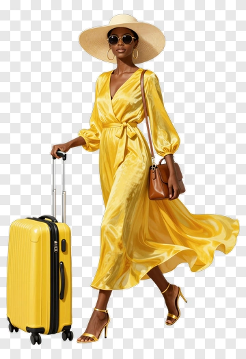 Woman In Yellow Dress With Suitcase PNG
