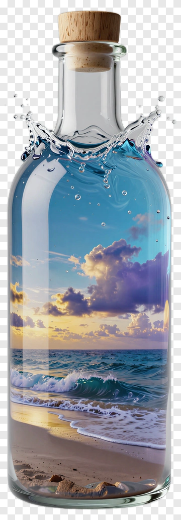 Bottle With Ocean Scene And Splashing Water PNG