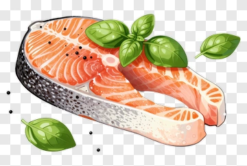 Salmon Steak With Basil Leaves PNG