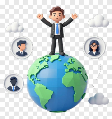 3D Businessman Standing On A Globe With Colleagues PNG
