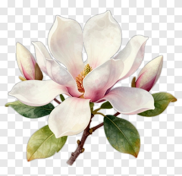 Magnolia Flower With Green Leaves PNG