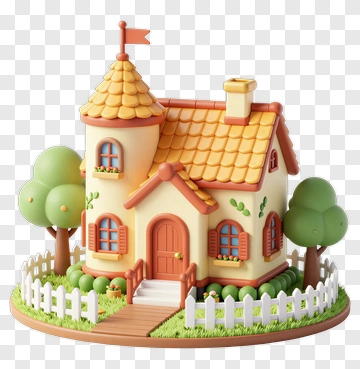 Colorful House With Trees And Fence PNG