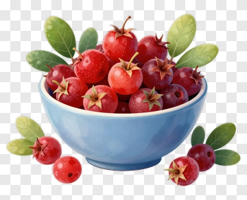 Bowl Of Red Berries With Leaves PNG