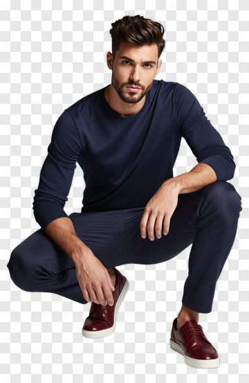 Stylish Man Squatting In Casual Outfit PNG