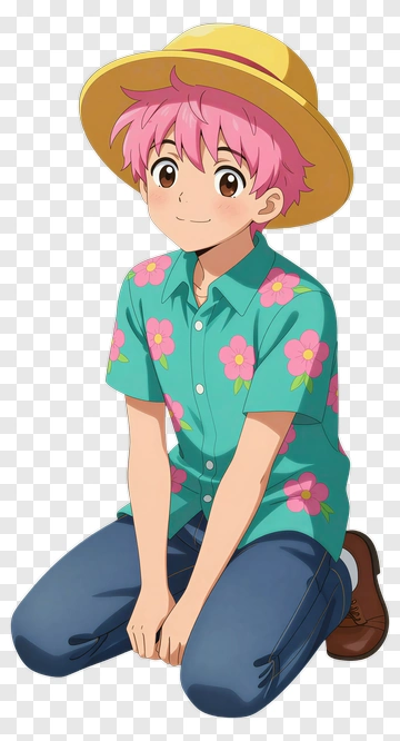 Anime Boy In A Floral Shirt And Straw Hat PNG
