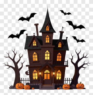 Haunted House With Halloween Pumpkins And Bats PNG