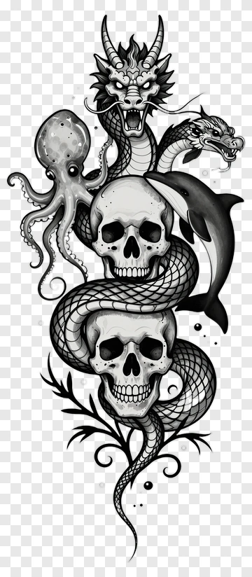 Dragon And Octopus With Skulls And Serpent PNG