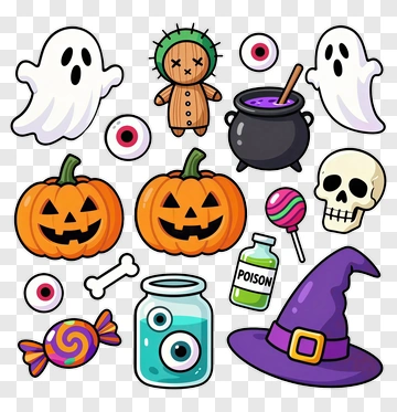 Halloween Themed Elements With Ghosts And Pumpkins PNG