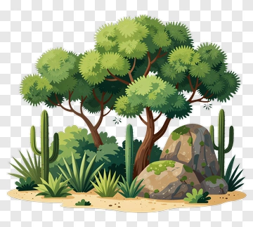 Desert Landscape With Trees And Cacti PNG