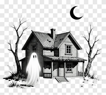 Cartoon Ghost Near A Haunted House PNG