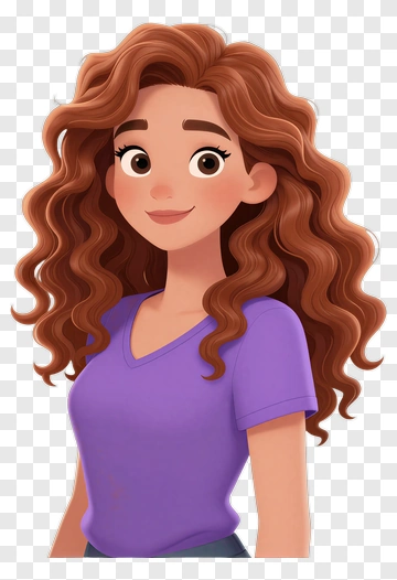 Cartoon Woman With Curly Hair In A Purple Shirt PNG