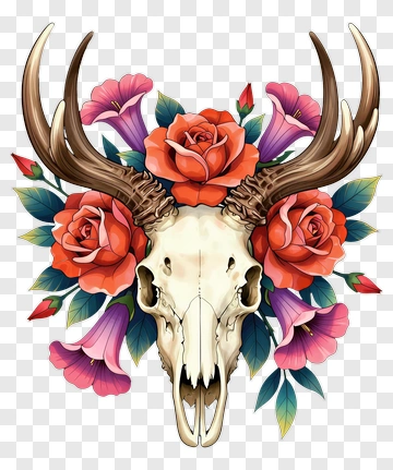 Decorative Skull With Roses And Flowers PNG