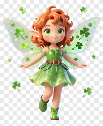 Cartoon Fairy With Green Dress And Shamrock Wings PNG