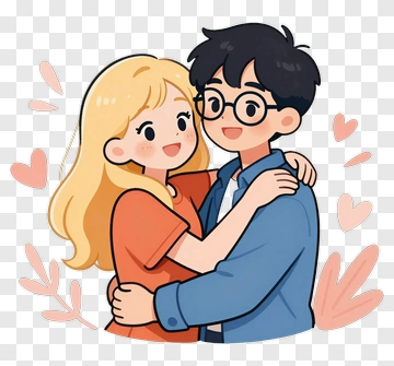 Cartoon Couple Embracing With Hearts PNG