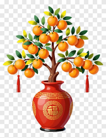 Colorful Orange Tree In A Red Pot PNG