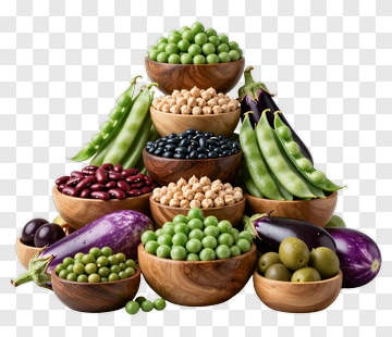 Assorted Vegetables And Legumes In Wooden Bowls PNG