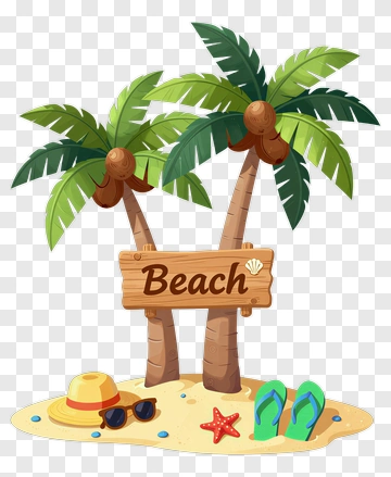Beach Scene With Palm Trees And Accessories PNG