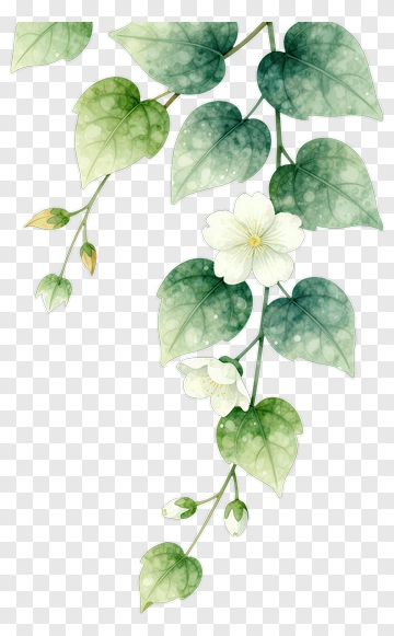 Watercolor Green Leaves And White Flowers PNG