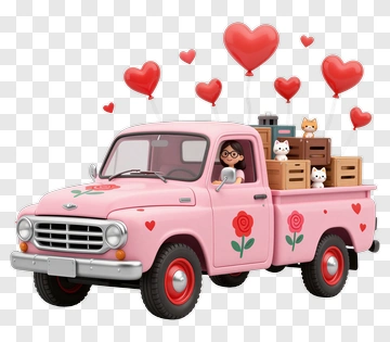 Cartoon Pink Truck With Hearts And Cats PNG