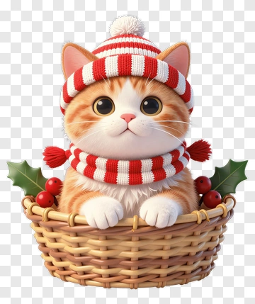 Cartoon Cat In A Basket With Holiday Decorations PNG