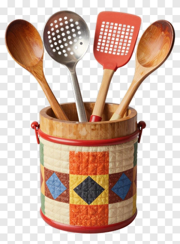 Colorful Kitchen Utensil Holder With Wooden Spoons PNG