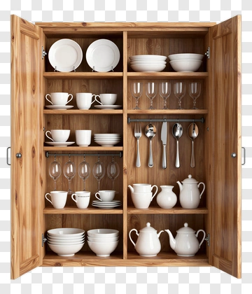 Wooden Cabinet Filled With White Dinnerware PNG