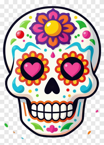 Colorful Sugar Skull With Floral Decorations PNG