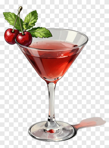 Cocktail Glass With Cherries And Mint PNG