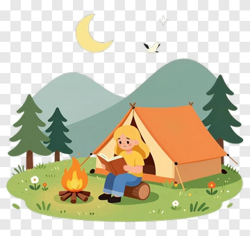 Girl Reading A Book By A Campfire PNG